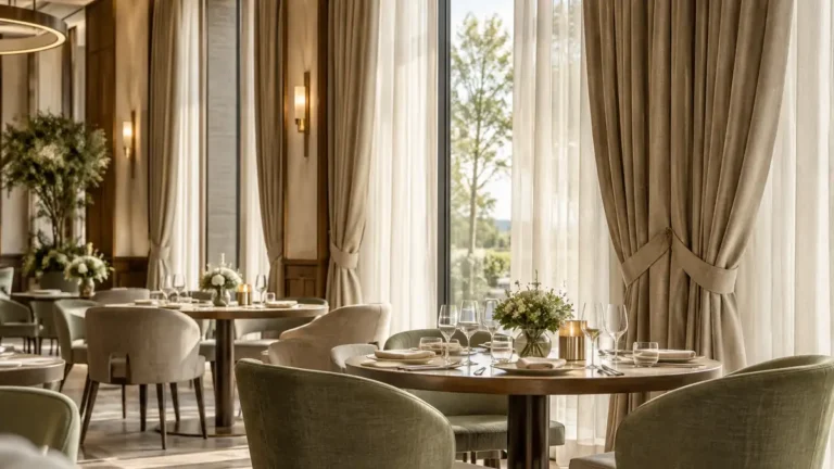 Tkaniny trudnopalne w hotelu i restauracji - jakie normy muszą spełniać dekoracje okienne?