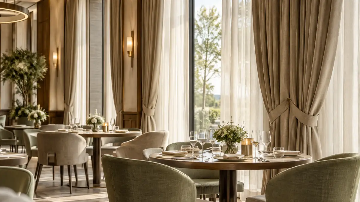 Tkaniny trudnopalne w hotelu i restauracji - jakie normy muszą spełniać dekoracje okienne?